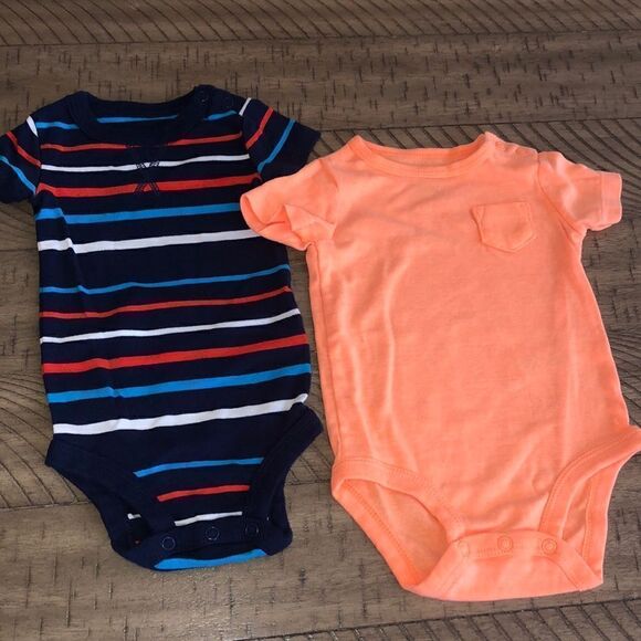Carters Cotton Blend 2 Soft Onesies Nautical Stripes 🛳 and Neon Orange 🍊 - Picture 1 of 16